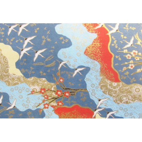 Grues et cerisiers japonais fond bleu